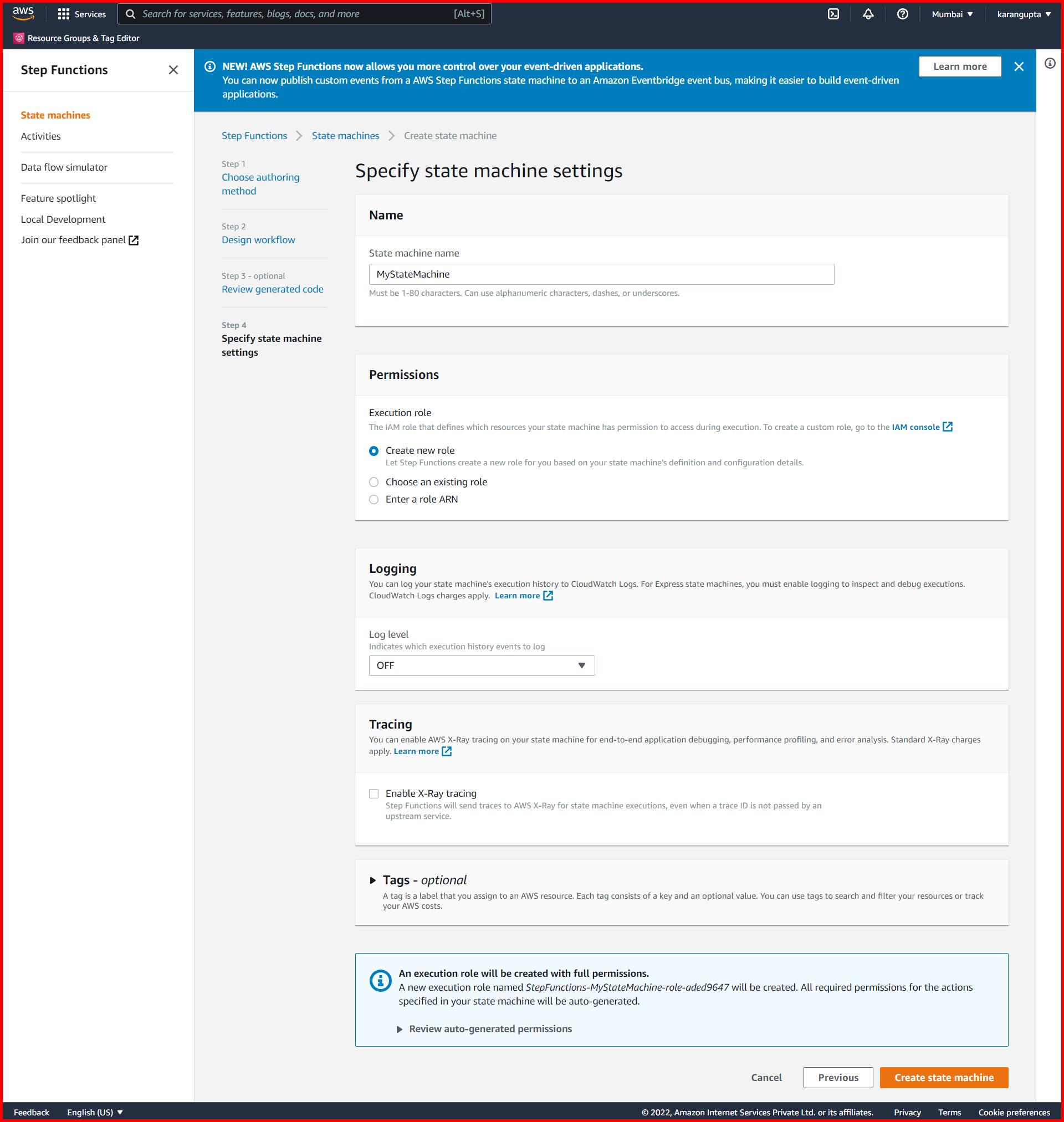 Picture showing the screen to enter the step function name